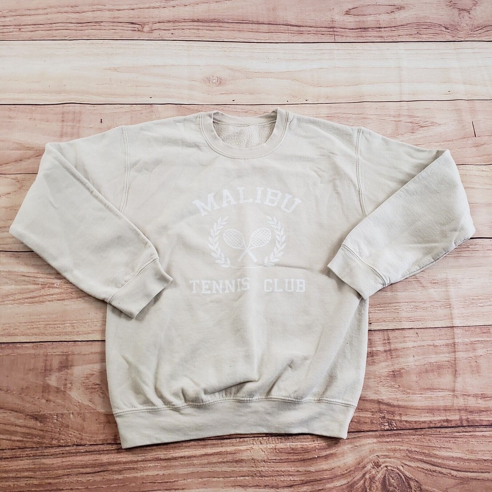 Malibu Tennis Club Sweater Womens Small Beige‎ White Preppy Sweatshirt Ladies